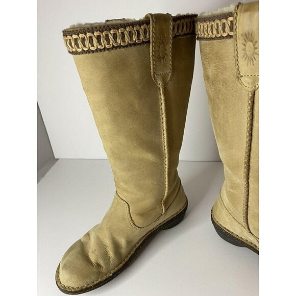 UGG Braided Size 5 Knee-High Riding Boots Suede Sheepskin Shearling Tan EUC - Picture 3 of 9